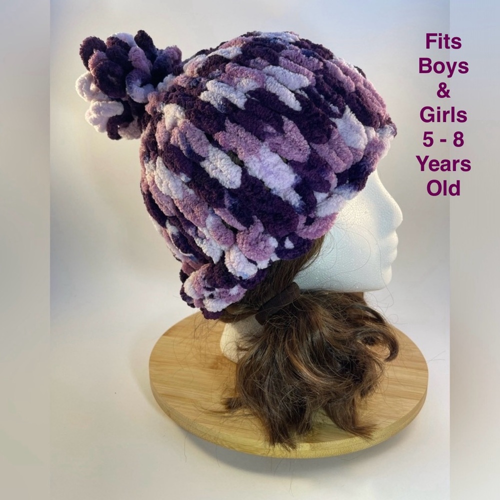 Handmade Kid’s Super Soft & Cozy Winter Hat With Loopy Pom-Pom-Variegated Purple